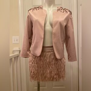 Blush embellished blazer & Feather-Trim Mini Skirt set